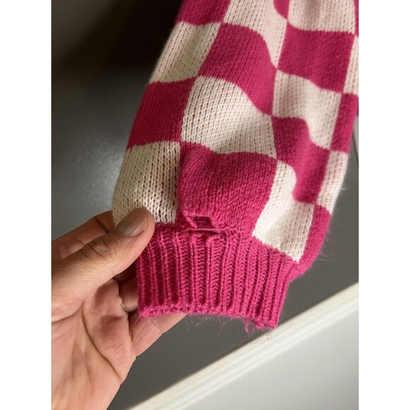 Better Be Sweater Womens Medium Pink White Checkered Cropped Balloon Sleeve - Picture 5 of 9